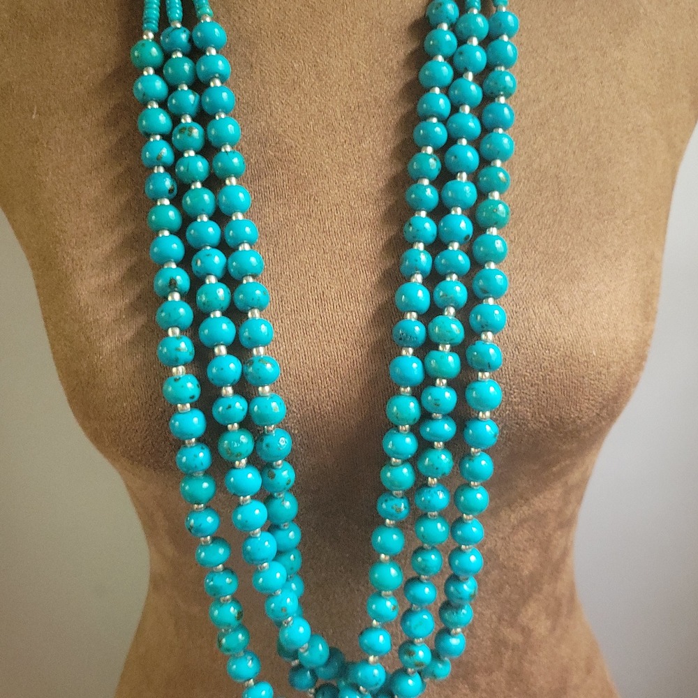 Vtg Multi Strand Turquoise Blue Beaded Layered Necklace 34‎ Inch Southwestern